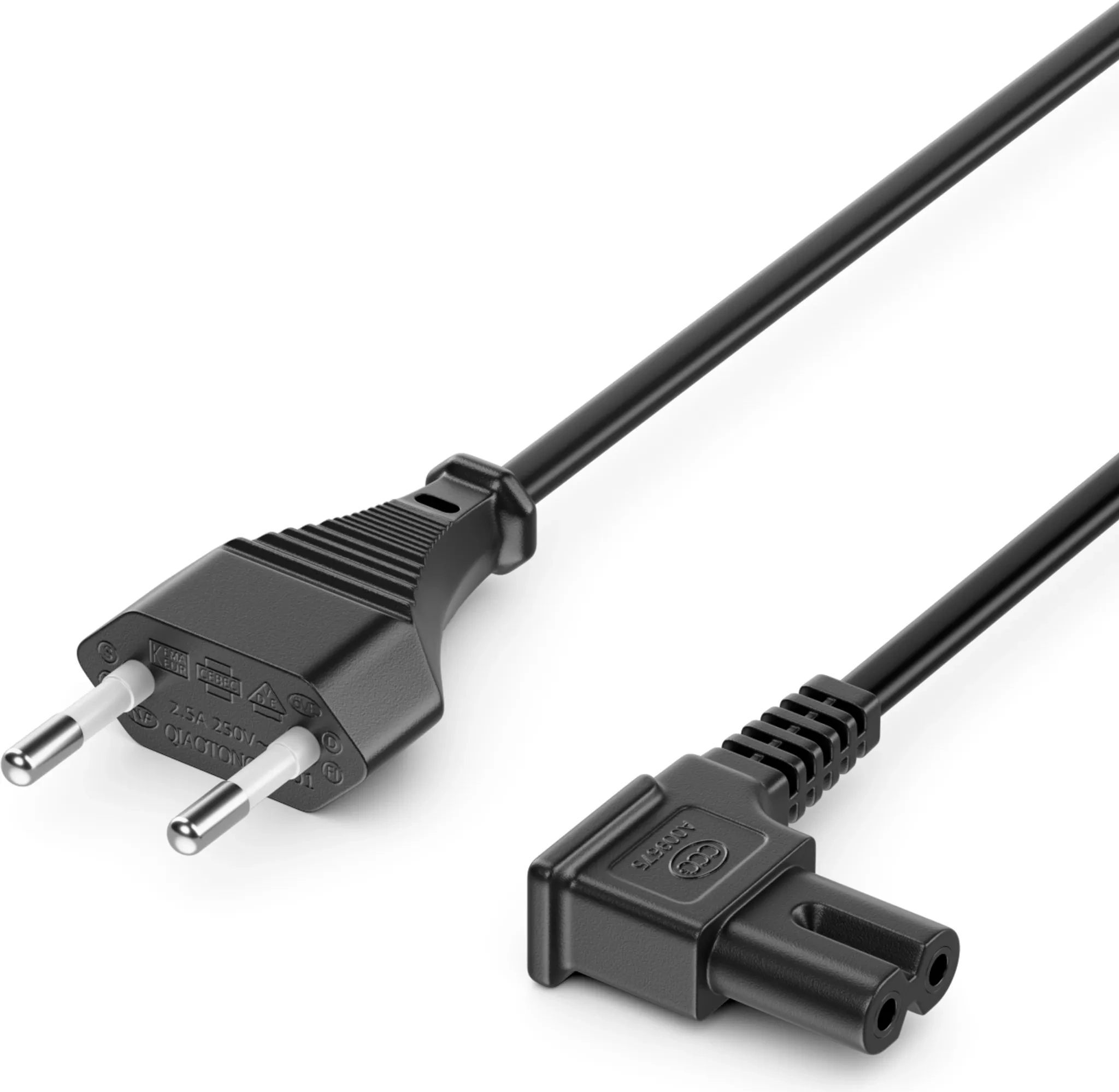 deleyCON Netzkabel 2 m – Typ C (Eurostecker) auf C7 Buchse, 90° gewinkelt