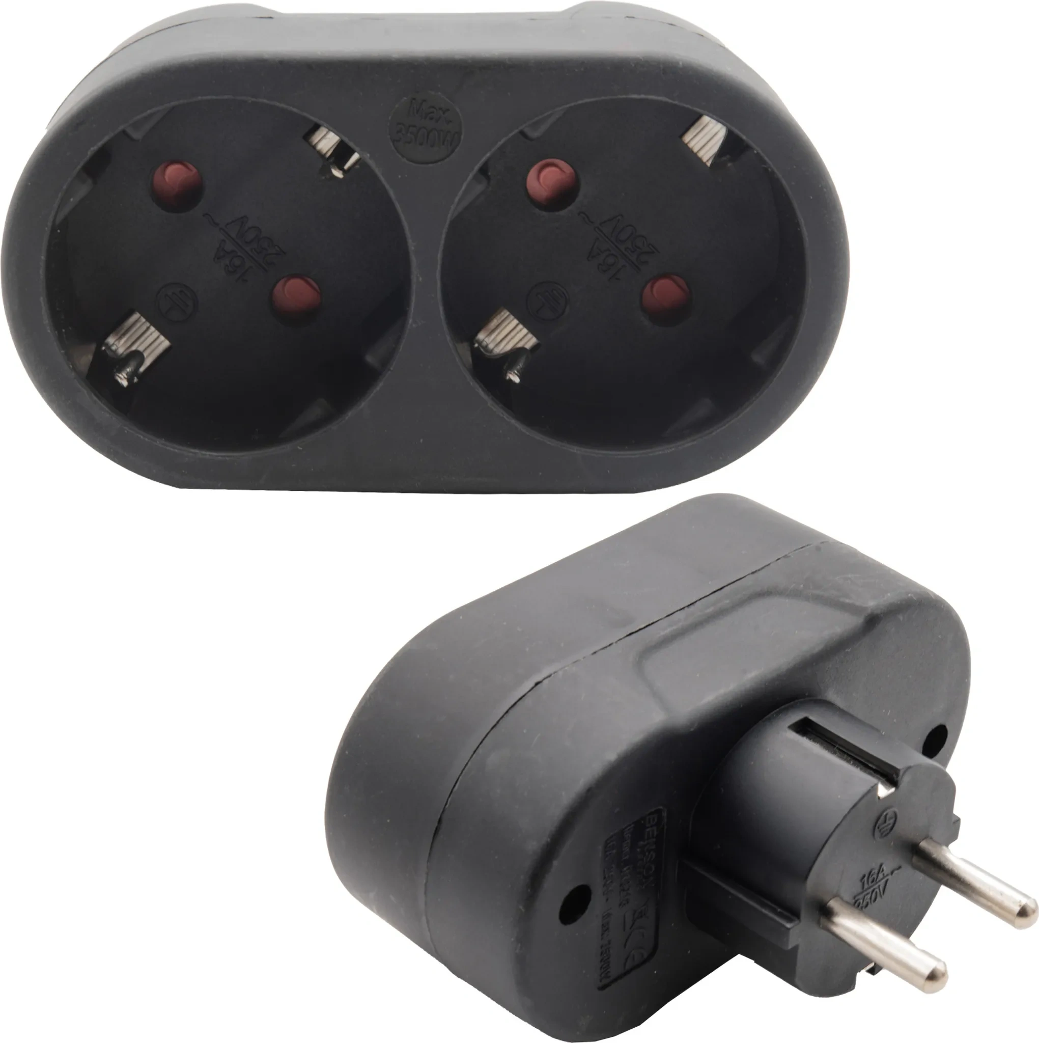 Doppelstecker Schuko – 2-fach Steckdosenadapter Horizontal – Schwarz